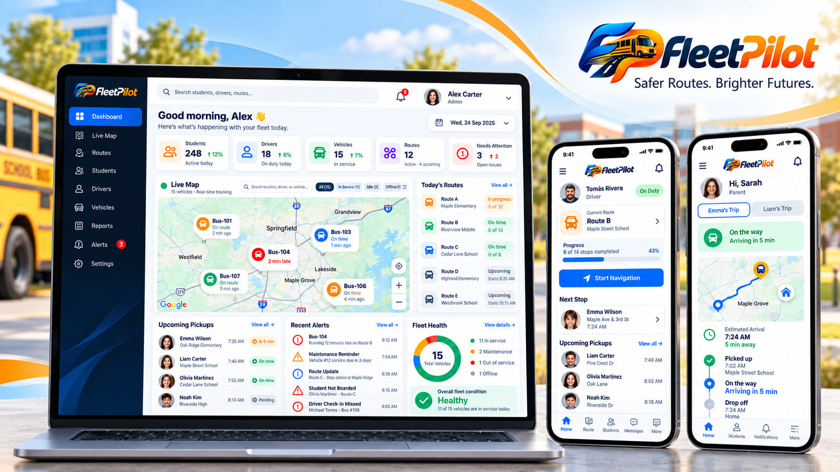 FleetPilot dashboard on a laptop alongside the driver and parent mobile apps