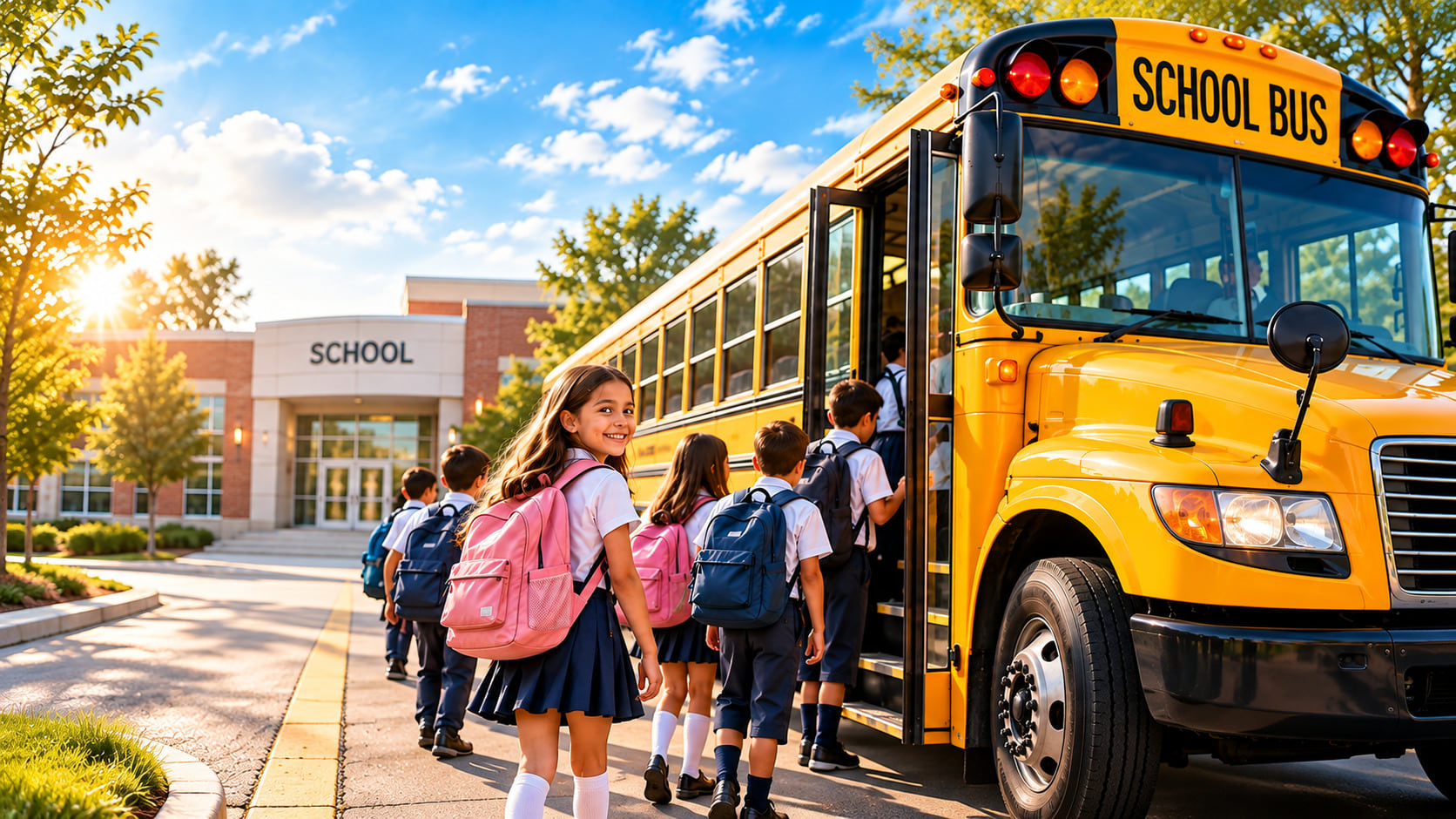 Students boarding a school bus outside their school
