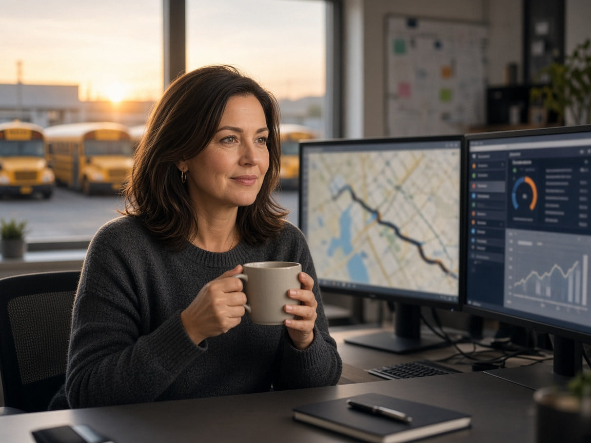 A dispatcher reviewing routes on two monitors at sunrise